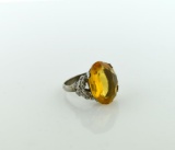 Silver Ring with Large Amber Color Glass Stone, Size 8.5