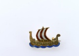Vintage Mid-Century Enameled Sterling Silver Viking Ship Pin, Norway