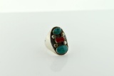 Native American Pawn Silver, Turquoise and Carnelian Ring, Size 10