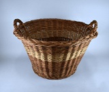 Vintage Round Woven Cane with Rush Handle Laundry or Harvest Basket