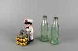 Two Pairs of Coca-Cola Theme Salt & Pepper Shaker Sets: Delivery Boy w/ Handtruck & Green Bottles