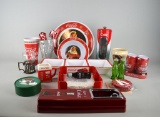 Lot of Coca-Cola Themed Serving Pieces: Plate & Bowl, Straw Dispenser, Coasters, Etc.