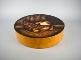 Hand Painted Folk Art Round Wood Band Box w/ Hen & Chicks by Verdier