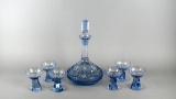 Vintage Blue Crystal Cut Glass Mid-Century Spirit Decanter w/ Six Goblets, Italy