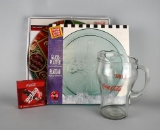 4 Coca-Cola Themed Serving Pieces: Glass Pitcher, Platter, & Turntable w/ Stoneware Coaster Set