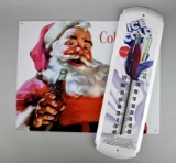 Lot of Metal Coca-Cola Themed Wall Decor: 12.5 x 16” Santa Sign & 17” Thermometer