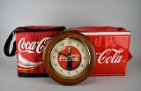 Lot of Two Coca-Cola Zip Top Coolers & Wood Framed Wall Clock
