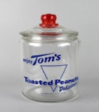 Tom's Toasted Peanuts Advertising Lidded Counter Top Jar w/ Red Embossed Knob
