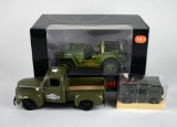 Three Maisto Army Green Die-Cast Model Cars: Harley-Davidson, 1948 Ford F1 Pickup 1:25 & Others