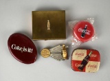 Lot of Five Vintage Coca-Cola Advertising Items: Pin, Coin Purse, Compact, Tin, & Other