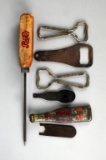 Vintage Lot of Seven Bottle Openers & Ice Pick: Pepsi-Cola, Royal Crown Cola, Clicquot Club, & Other
