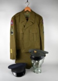 Vintage 1952 US Army Men's Olive Drab Wool Jacket, Trousers, & Two Military Visor Caps