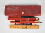Lot of Vintage Coca-Cola Advertising School Items: Pencils, Pencil Case, & Ruler