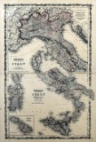 Antique 1861 Johnson & Browning Hand Colored Map of Southern Italy, Naples, Sardinia & Malta