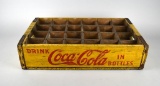 Vintage Never-Bust Coca-Cola Red Print on Yellow Wooden Bottle Crate with Dividers