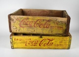 Two Vintage Coca-Cola Red on Yellow Wooden Bottle Crates, One with Dividers
