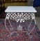Elegant Vintage White Enameled Metal Garden or Patio Side Table with Wooden Top
