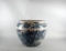 Large Chinese Blue & White Ceramic 16” Cachepot with Architecture, Landscape, Koi Design