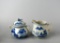 Vintage Blue & White Porcelain Chinese Sugar & Creamer with River Landscape & Butterfly Finial