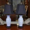 Pair of Oriental Style Blue & White Porcelain Table Lamps with Dark Fabric Shades