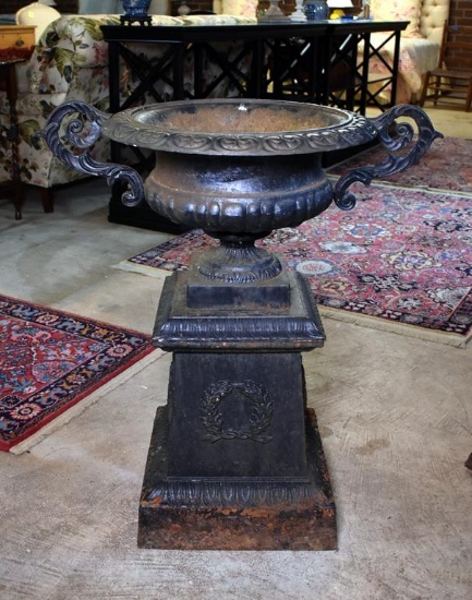 Black Enameled Iron Italianate Garden Urn with Base
