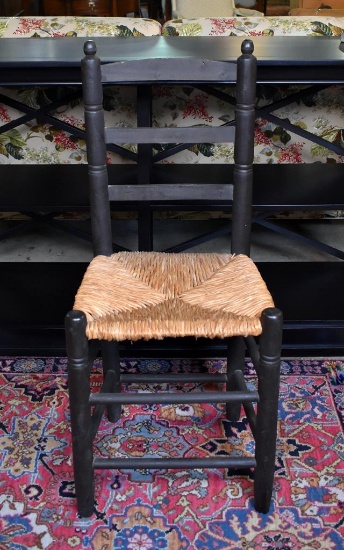 Vintage Black Ladderback Side Chair with Rush Seat