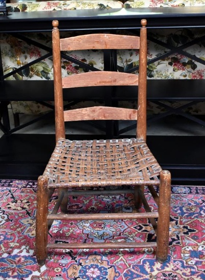 Primitive Antique Arched Ladderback Side Chair with Splint Seat, Child's Height