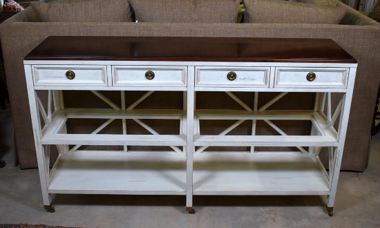 Hickory White Console Table, Chalk Painted with Walnut Top, Two Lower Shelves, Brass Caster Feet