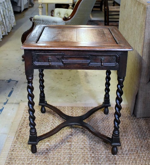 Antique Early 20th C. William & Mary Style English Oak Barley Twist Side Table with Drawer