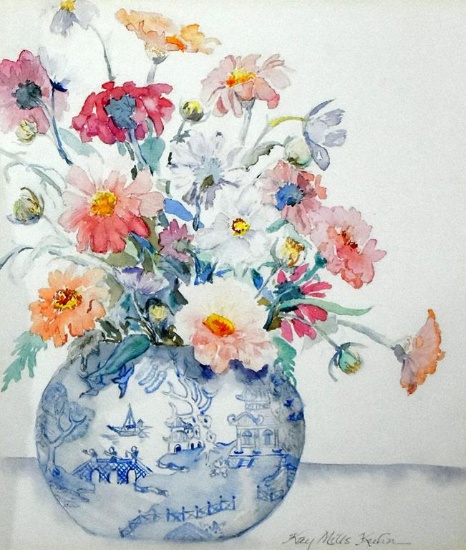 Kay Mills Kuhn (XX) Still Life in Blue & White Vase, Watercolor on Paper, Signed Lower Right