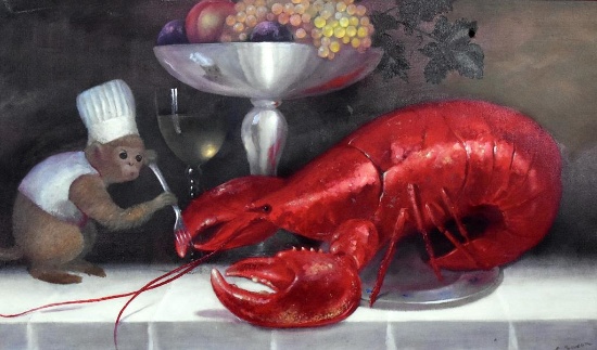E. Saxon (XX) Monkey Chef and Lobster, Oil on Canvas, Signed Lower Right
