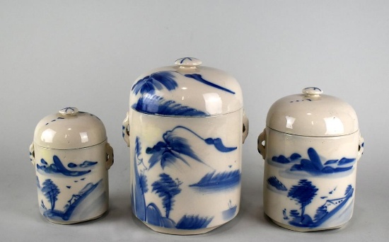 Vintage Oriental Double Lidded Ceramic Canisters in Graduated Sizes