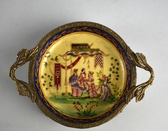 Oriental Porcelain Trinket Dish in Footed Brass Fitting