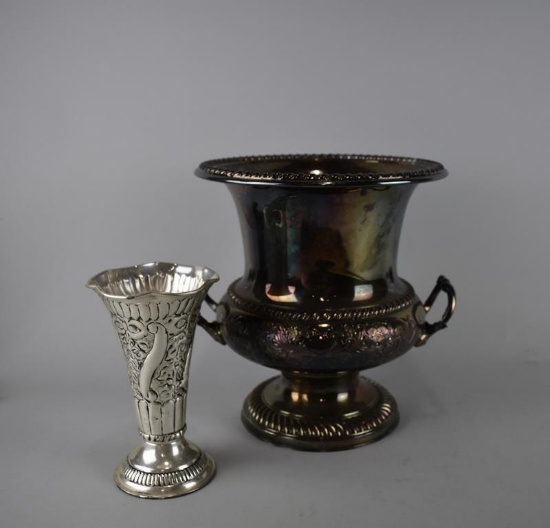 Lot of Two Metal Decorative/Serving Pieces: Silver Plated Wine Bottle Holder & Vase