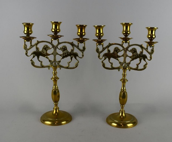 Pair of Vintage Judea Sabbath Brass Lion Candelabra's Each with Three Arms