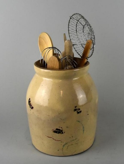Vintage Earthenware Crock with Assorted Cooking Implements
