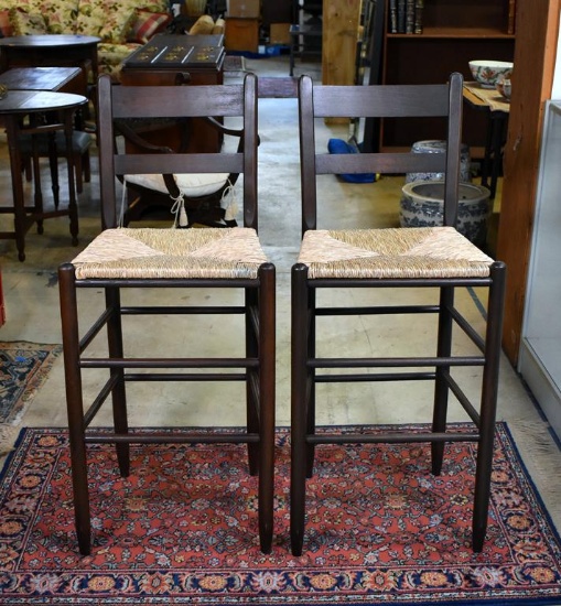 Pair of Walnut Ladderback Barstools with Woven Rush Seats
