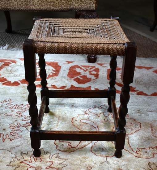 Antique Barley Twist Table with Woven Rush Replacement Top