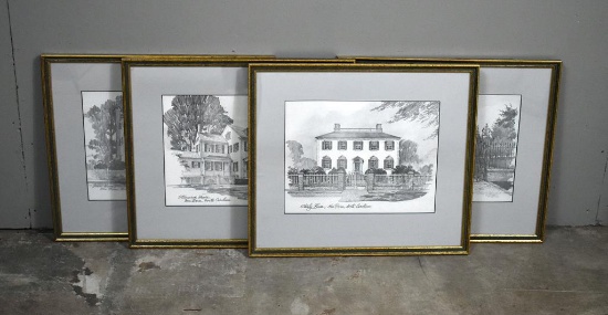 Set of Four Architectural Prints of New Bern, NC in Gilt Lined Frames
