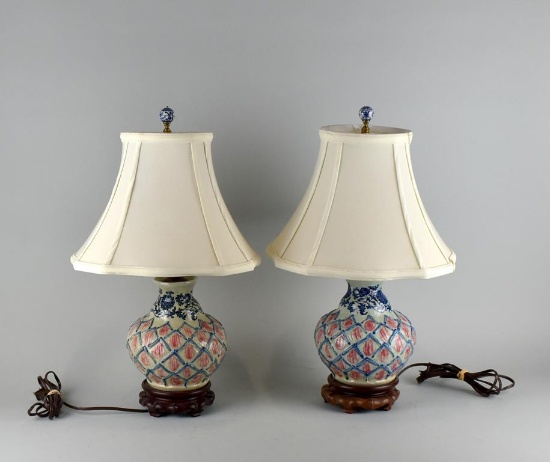 Pair of Contemporary Ceramic Vasiform Table Lamps with Linen Shades