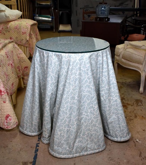 Fern Print Fabric Draped Round Side Table with Protective Glass Top