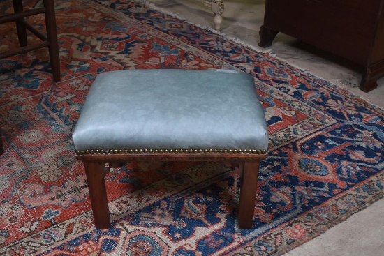Vintage Light Green Leather Seat Footstool, Nailhead Trim