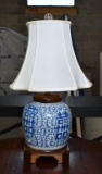 Vintage Chinese Porcelain Blue & White “Double Happiness” Ginger Jar Lamp, Light Fabric Shade