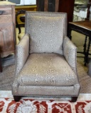 Contemporary Lee Handcrafted Armchair with Nailhead Trim, Neutral/Brown Moire Pattern Upholstery