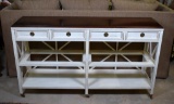Hickory White Console Table, Chalk Painted with Walnut Top, Two Lower Shelves, Brass Caster Feet