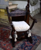 19th C. Carved Oak Gothic Revival Hall Chair with Seat Cushion
