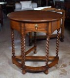 19th C. Hand Made Barley Twist Oak Demilune Gateleg Table with One Drawer