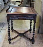 Antique Early 20th C. William & Mary Style English Oak Barley Twist Side Table with Drawer