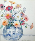 Kay Mills Kuhn (XX) Still Life in Blue & White Vase, Watercolor on Paper, Signed Lower Right