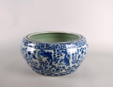 Qing Dynasty Blue & White Chinese Porcelain 11” Bowl with Koi Motif